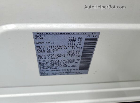 5N1DL0MN4KC560048 2019 INFINITI QX60 Белый Вид наклейки с VIN-кодом