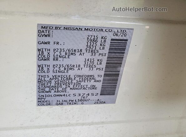 5N1DL0MN4LC537452 2020 INFINITI QX60 White Vista del compartimento del motor