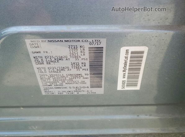5N1DL0MN5HC556504 2017 INFINITI QX60 Silver VIN კოდის სტიკერის ხედი