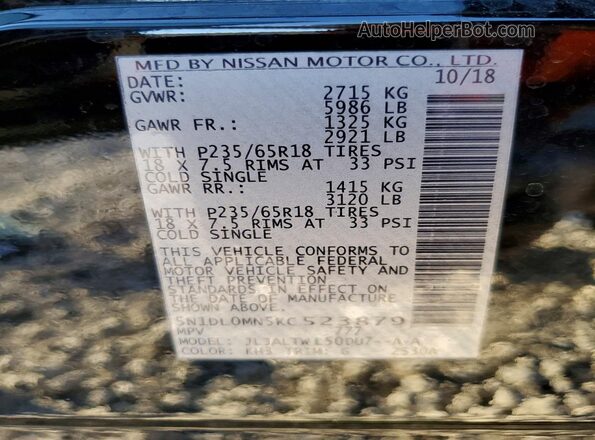 5N1DL0MN5KC523879 2019 INFINITI QX60 Black Widok naklejki z numerem VIN