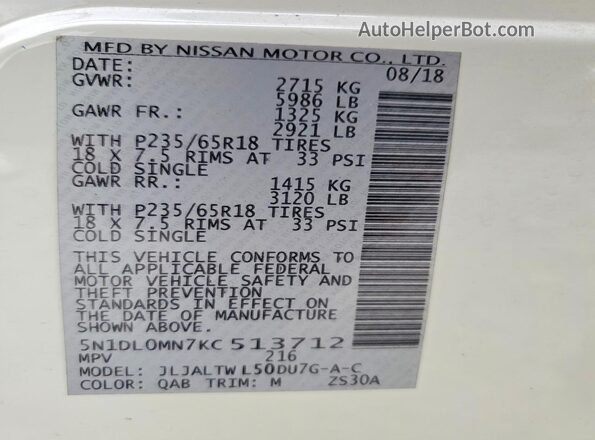 5N1DL0MN7KC513712 2019 INFINITI QX60 White VIN կոդի պիտակի տեսք