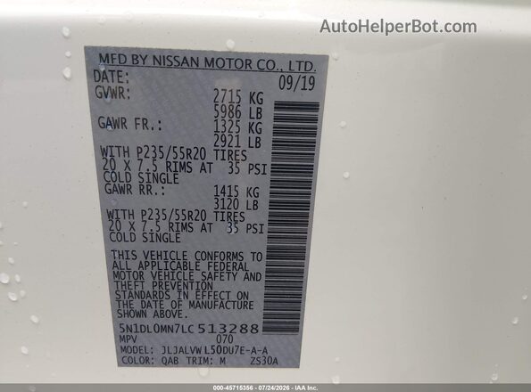 5N1DL0MN7LC513288 2020 INFINITI QX60 Белый Вид подкапотного пространства