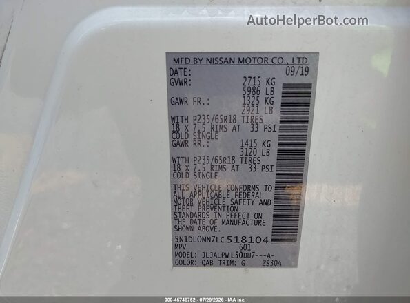 5N1DL0MN7LC518104 2020 INFINITI QX60 White Engine compartment view
