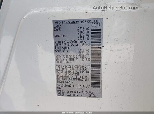 5N1DL0MN7LC519687 2020 INFINITI QX60 White Vista del compartimento del motor