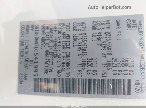 5N1DL0MN7LC541995 2020 INFINITI QX60 White Widok komory silnika