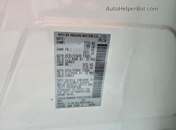 5N1DL0MN8HC502906 2017 INFINITI QX60 Белый Вид наклейки с VIN-кодом