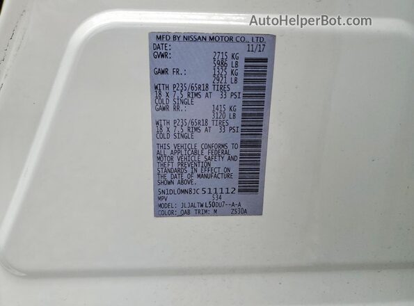 5N1DL0MN8JC511112 2018 INFINITI QX60 White VIN կոդի պիտակի տեսք