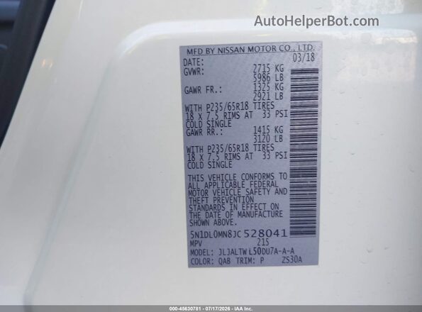 5N1DL0MN8JC528041 2018 INFINITI QX60 White Engine compartment view