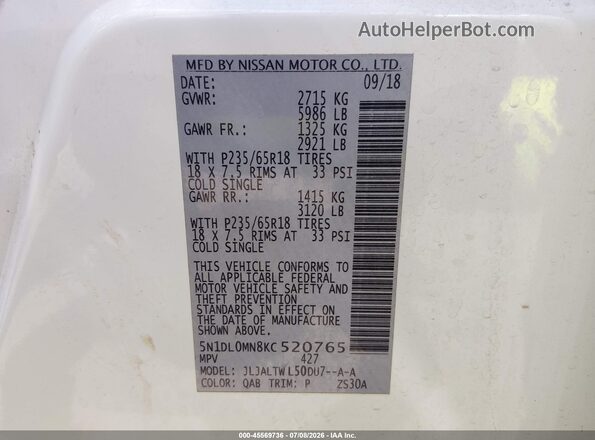 5N1DL0MN8KC520765 2019 INFINITI QX60 White ძრავის განყოფილების ხედი