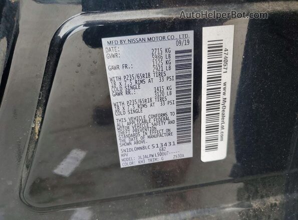 5N1DL0MN8LC513431 2020 INFINITI QX60 Black VIN კოდის სტიკერის ხედი