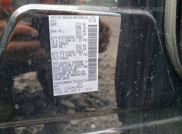 5N1DL0MN9KC551426 2019 INFINITI QX60 Black Vista de la etiqueta del VIN