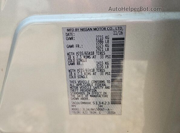 5N1DL0MNXHC513423 2017 INFINITI QX60 Silver VIN sticker view