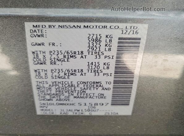 5N1DL0MNXHC515897 2017 INFINITI QX60 Gray Vista de la etiqueta del VIN