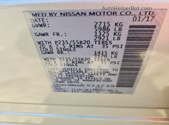 5N1DL0MNXHC523739 2017 INFINITI QX60 Серебряный Вид наклейки с VIN-кодом