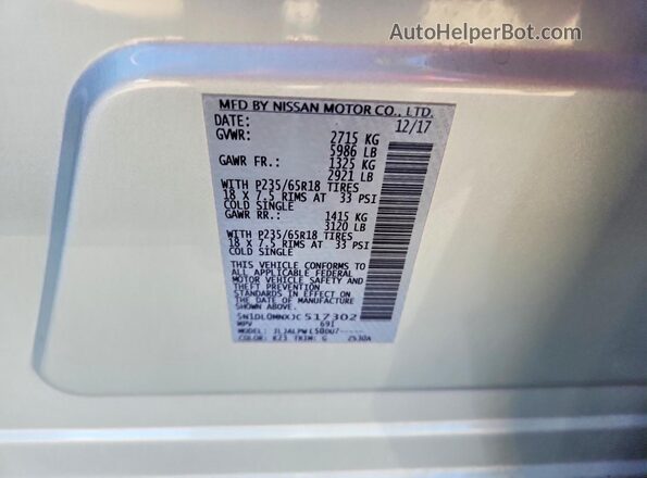 5N1DL0MNXJC517302 2018 INFINITI QX60 Silver Widok naklejki z numerem VIN