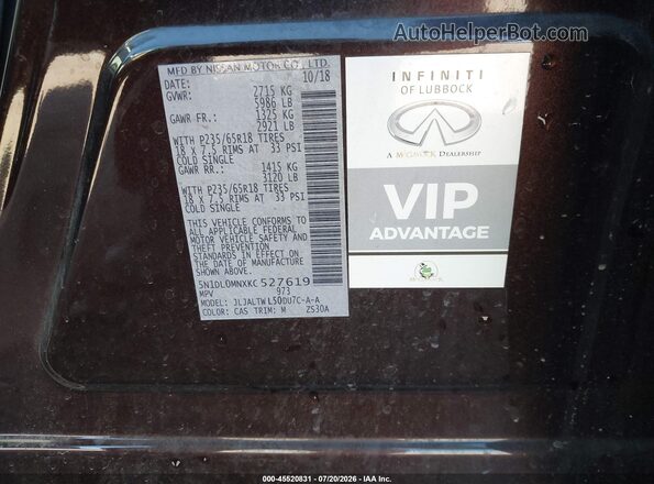 5N1DL0MNXKC527619 2019 INFINITI QX60 Brown Widok komory silnika