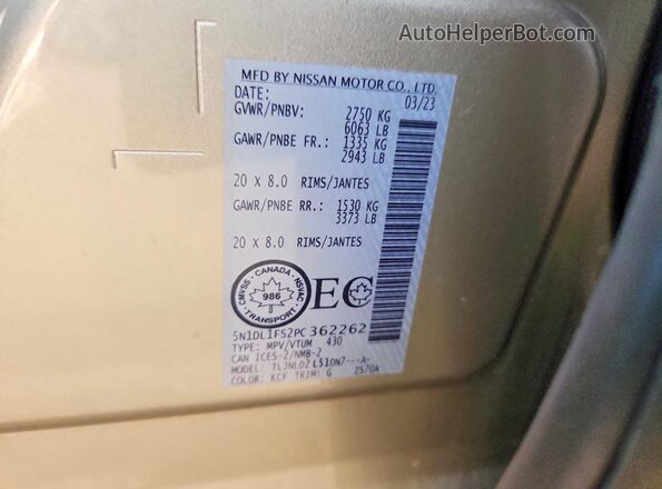 5N1DL1FS2PC362262 2023 INFINITI QX60 Tan VIN კოდის სტიკერის ხედი