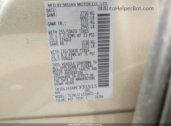5N1DL1FS4PC331515 2023 INFINITI QX60 Gold Շարժիչի բաժամունքի տեսք