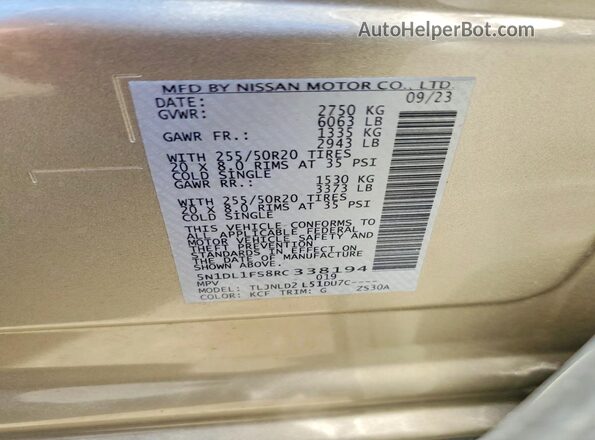 5N1DL1FS8RC338194 2024 INFINITI QX60 Gold VIN sticker view