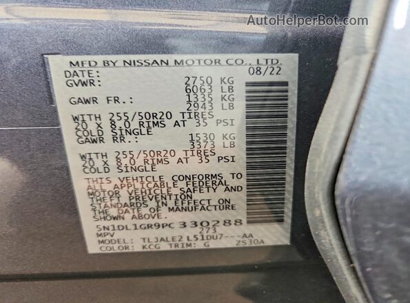 5N1DL1GR9PC330288 2023 INFINITI QX60 Gray Widok naklejki z numerem VIN