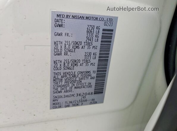 5N1DL1HU2PC362048 2023 INFINITI QX60 White Vista de la etiqueta del VIN