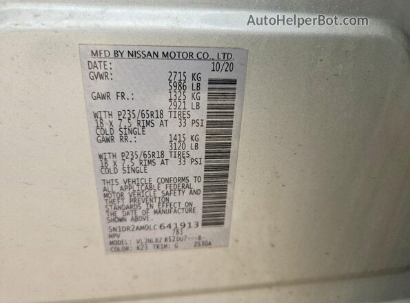 5N1DR2AM0LC641913 2020 NISSAN PATHFINDER Silver ძრავის განყოფილების ხედი