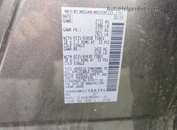 5N1DR2AM1LC588395 2020 NISSAN PATHFINDER Gray Vista de la etiqueta del VIN