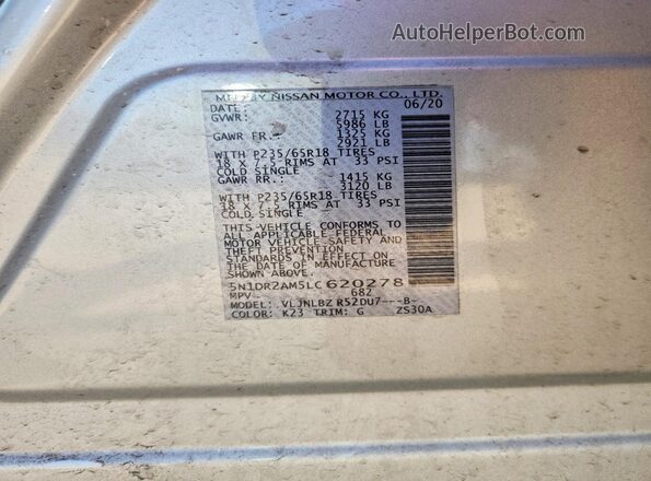5N1DR2AM5LC620278 2020 NISSAN PATHFINDER Charcoal Widok naklejki z numerem VIN