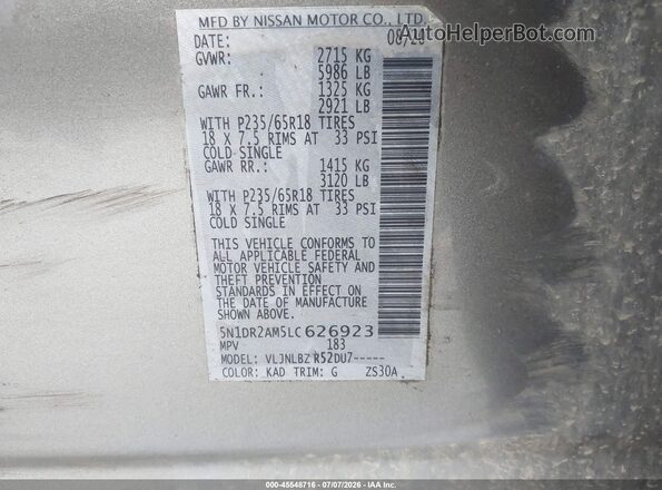 5N1DR2AM5LC626923 2020 NISSAN PATHFINDER Gray Вид підкапотного простору