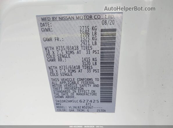 5N1DR2AM5LC627425 2020 NISSAN PATHFINDER White Widok komory silnika