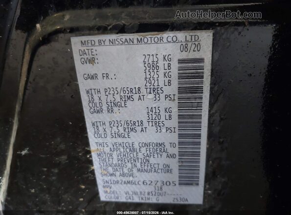 5N1DR2AM6LC627305 2020 NISSAN PATHFINDER Black Engine compartment view