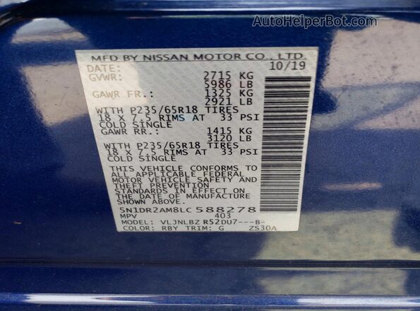 5N1DR2AM8LC588278 2020 NISSAN PATHFINDER Blue Widok naklejki z numerem VIN