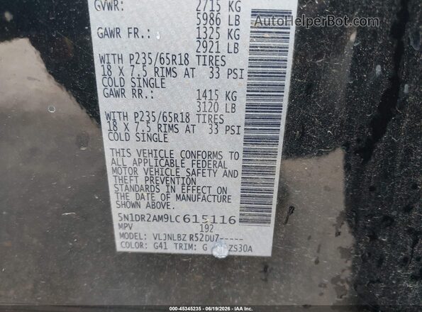 5N1DR2AM9LC615116 2020 NISSAN PATHFINDER Черный Вид подкапотного пространства