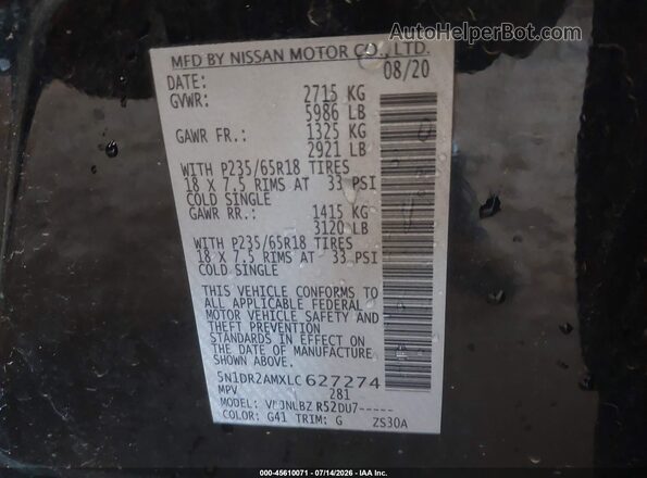 5N1DR2AMXLC627274 2020 NISSAN PATHFINDER Black Engine compartment view