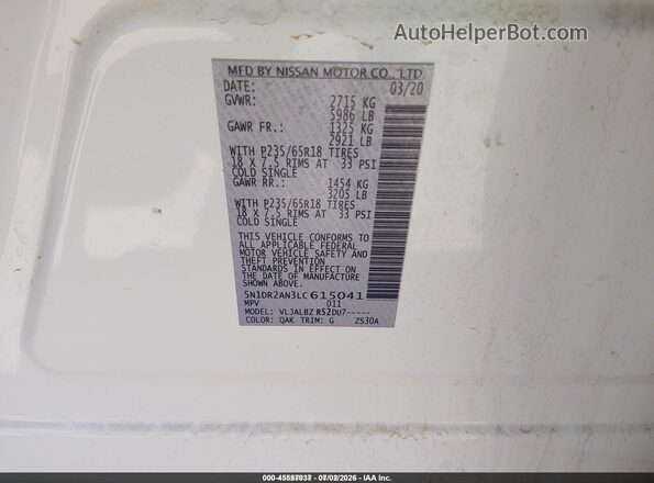 5N1DR2AN3LC615041 2020 NISSAN PATHFINDER White ძრავის განყოფილების ხედი