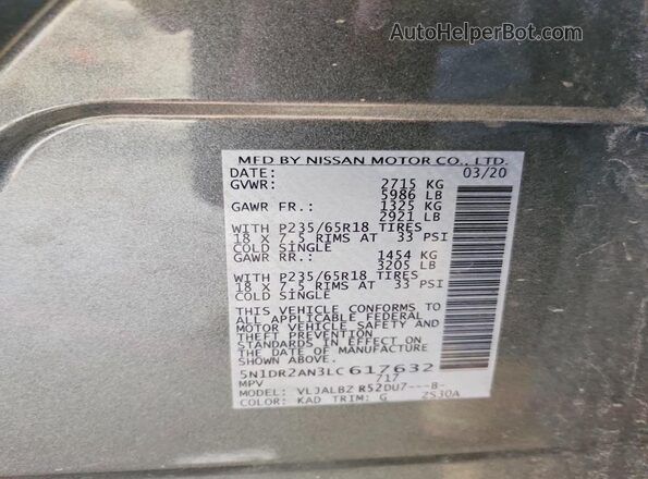 5N1DR2AN3LC617632 2020 NISSAN PATHFINDER Gray Вид наклейки з VIN-кодом