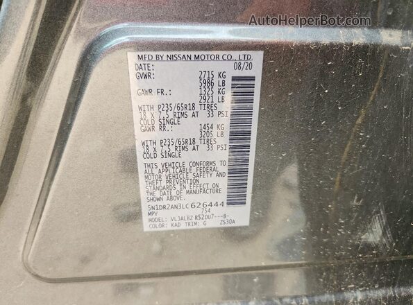 5N1DR2AN3LC626444 2020 NISSAN PATHFINDER Gray VIN კოდის სტიკერის ხედი