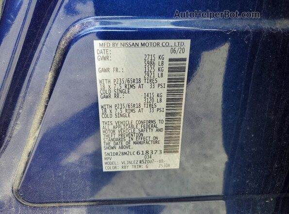 5N1DR2BM2LC618373 2020 NISSAN PATHFINDER Синий Вид наклейки с VIN-кодом