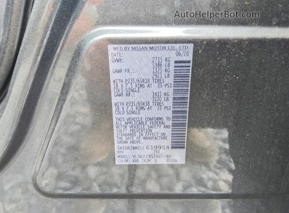 5N1DR2BM2LC619958 2020 NISSAN PATHFINDER Gray Вид наклейки з VIN-кодом