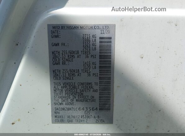 5N1DR2BM2LC643564 2020 NISSAN PATHFINDER White Vista del compartimento del motor