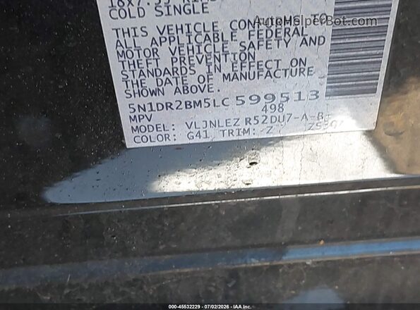 5N1DR2BM5LC599513 2020 NISSAN PATHFINDER Black ძრავის განყოფილების ხედი