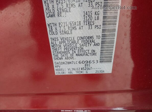 5N1DR2BM7LC609653 2020 NISSAN PATHFINDER Red Vista del compartimento del motor