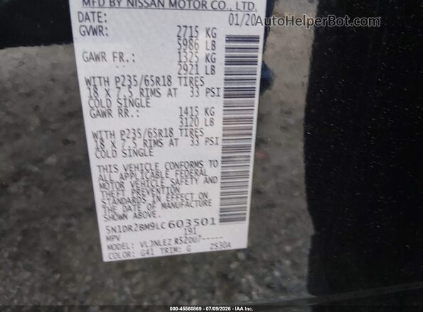 5N1DR2BM9LC603501 2020 NISSAN PATHFINDER Black ძრავის განყოფილების ხედი