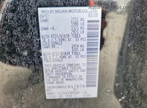 5N1DR2BN3LC617676 2020 NISSAN PATHFINDER Черный Панорамный вид салона 360°