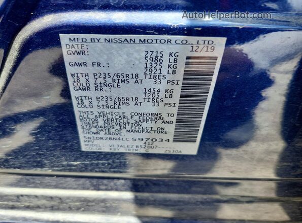 5N1DR2BN4LC597034 2020 NISSAN PATHFINDER Blue Engine compartment view