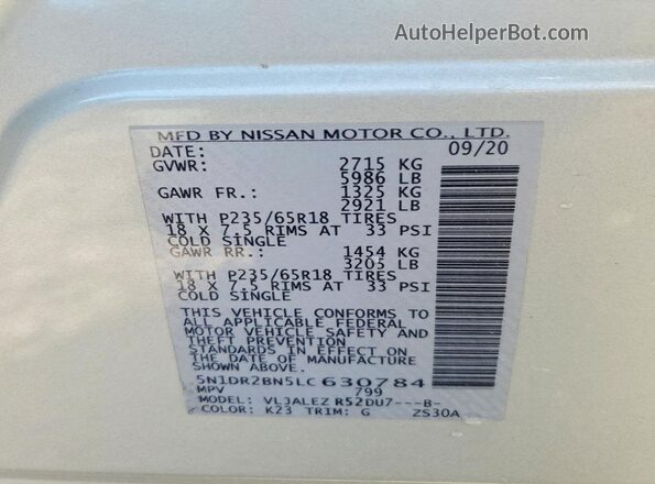 5N1DR2BN5LC630784 2020 NISSAN PATHFINDER Silver Vista de la etiqueta del VIN