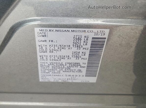 5N1DR2BN6LC584933 2020 NISSAN PATHFINDER Gray Widok naklejki z numerem VIN