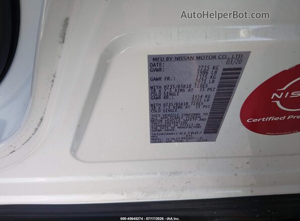5N1DR2BN6LC617607 2020 NISSAN PATHFINDER White Շարժիչի բաժամունքի տեսք