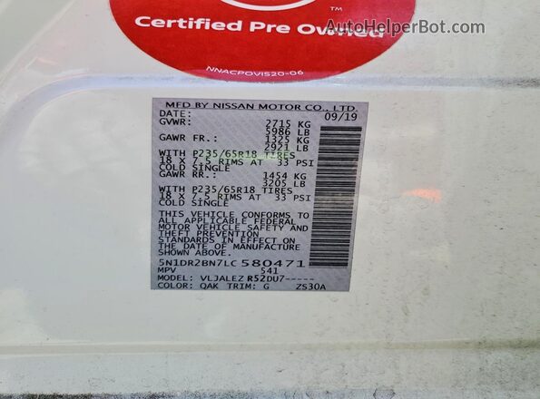 5N1DR2BN7LC580471 2020 NISSAN PATHFINDER White Widok naklejki z numerem VIN