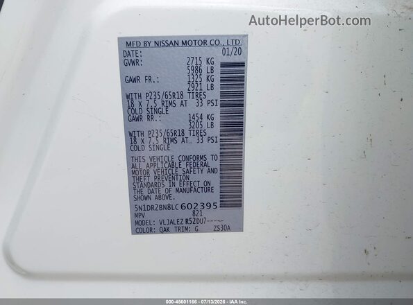5N1DR2BN8LC602395 2020 NISSAN PATHFINDER White Vista del compartimento del motor